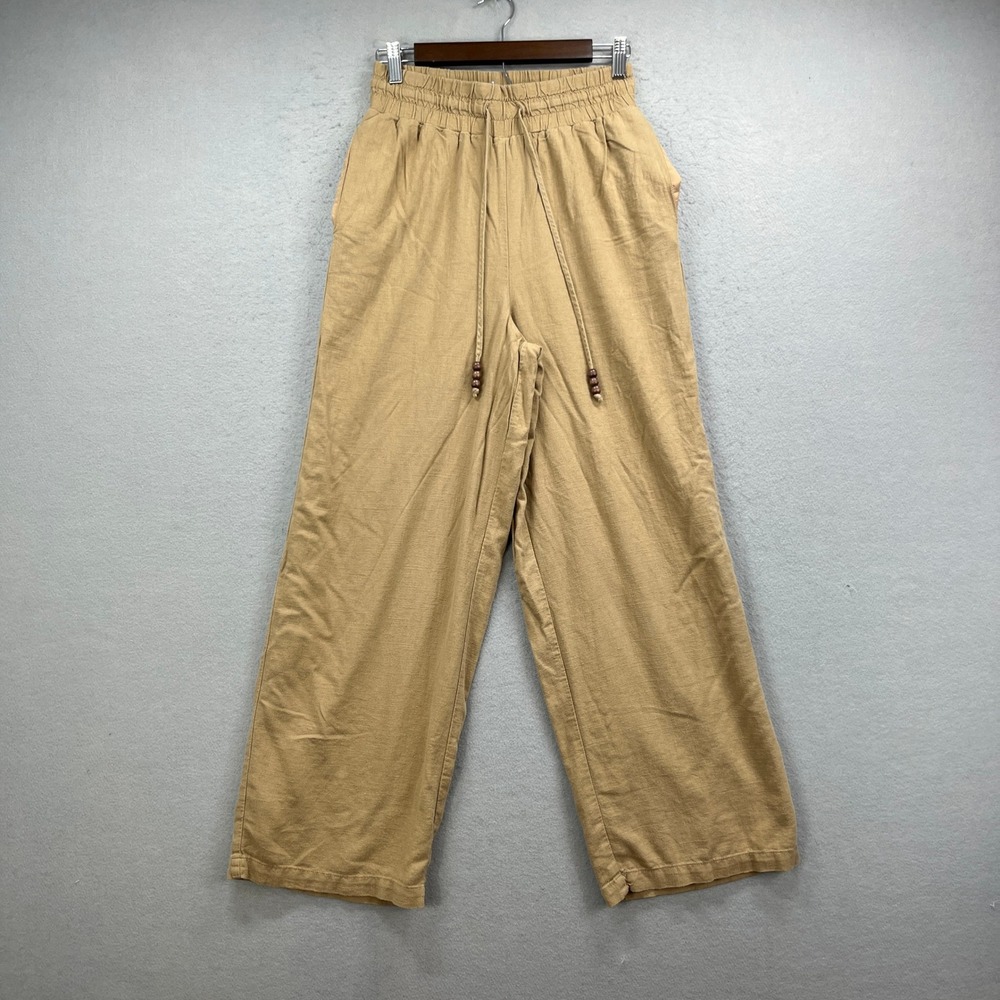Marled Reunited Clothing Pant Women XS Tan Linen Blend Wide Baggy Beachy Coastal